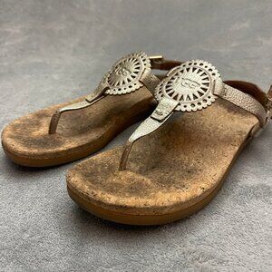 UGG Ladies Ayden II Gold Leather Centre Logo Ankle Strap Cork Sandals Size 8
